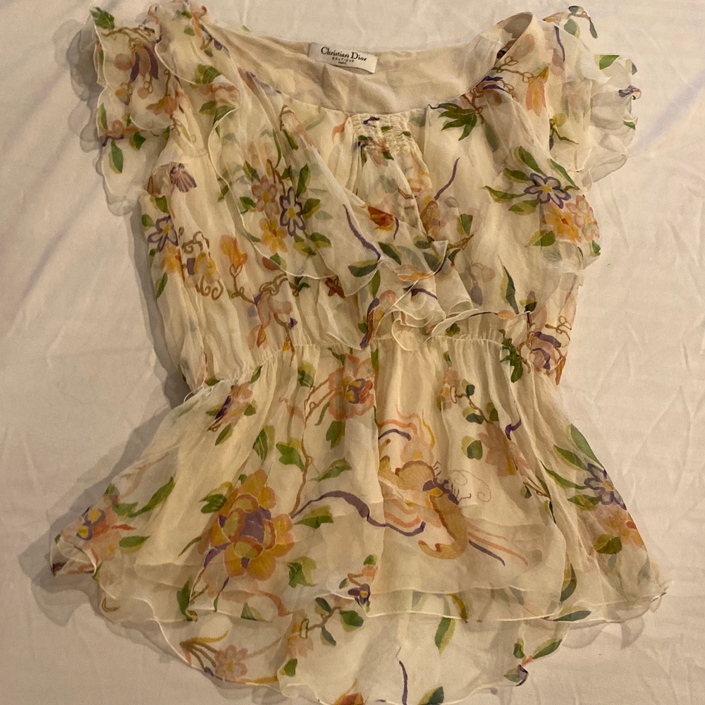Christian Dior Silk Floral Blouse with Ribbon